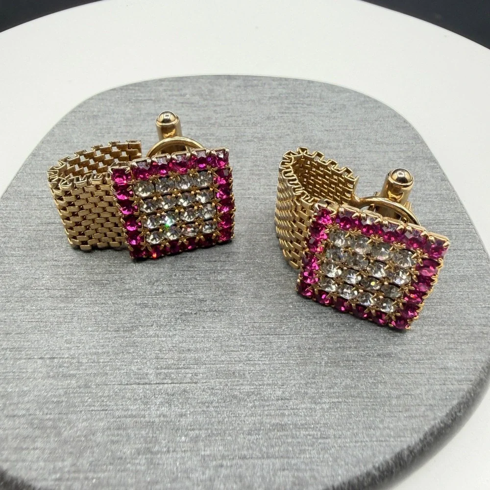 Gold Tone Pink Clear Rhinestone Square Wraparound Mesh Cufflinks Formal Jewelry